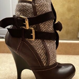 New Just Cavalli Brown Leather Suede Fabric High Heel Ankle Boot 40 or 8.5